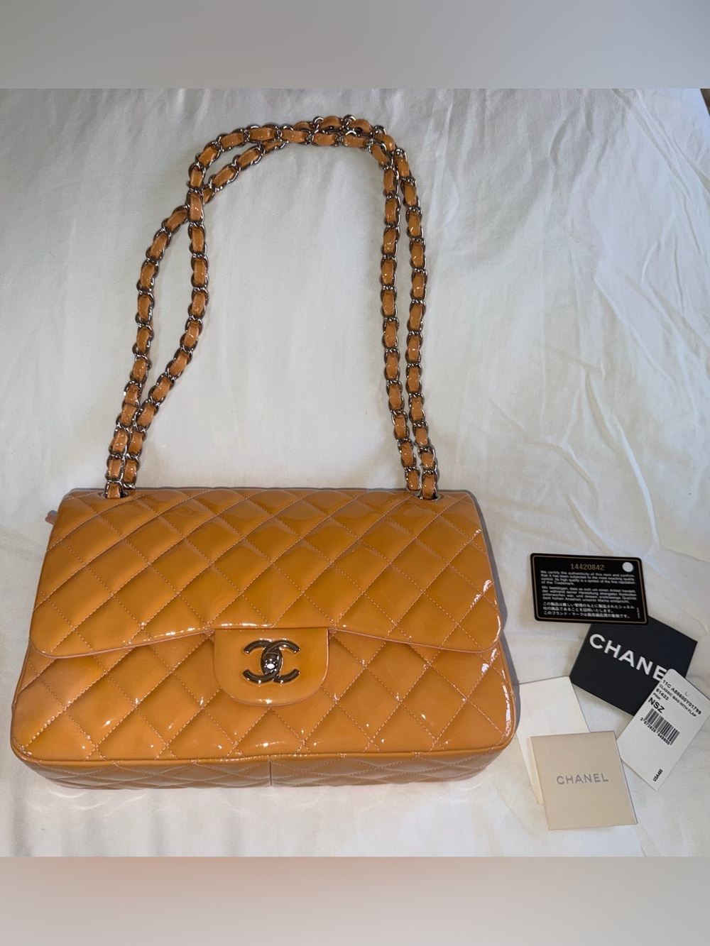 Chanel 2010-2011 NEW WTAGS/BAG VINTAGE jumbo double flap patent orange/yellow
